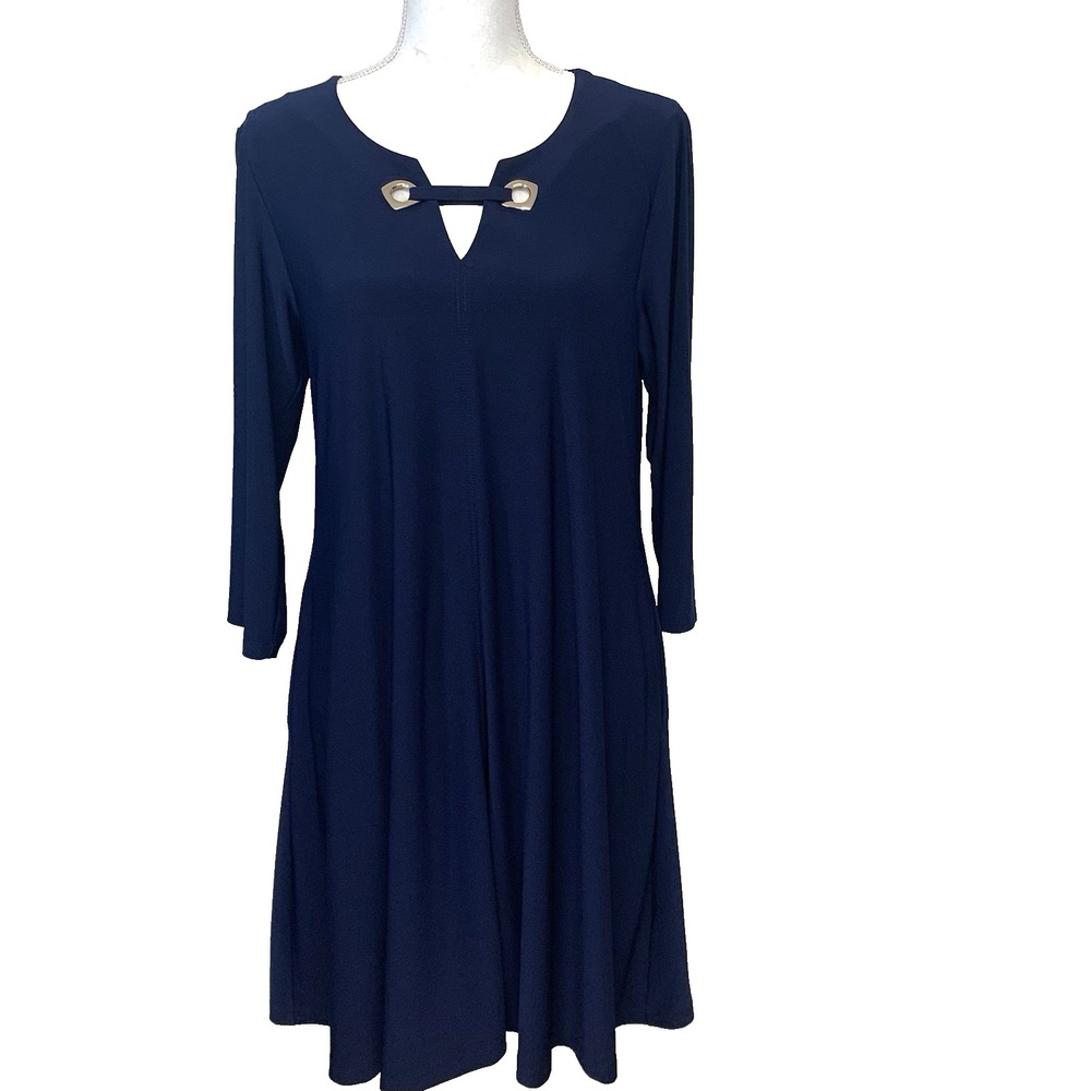 Nina Leonard Navy Blue Flare Stretch‎ Knit Dress Medium Pockets Career Travel